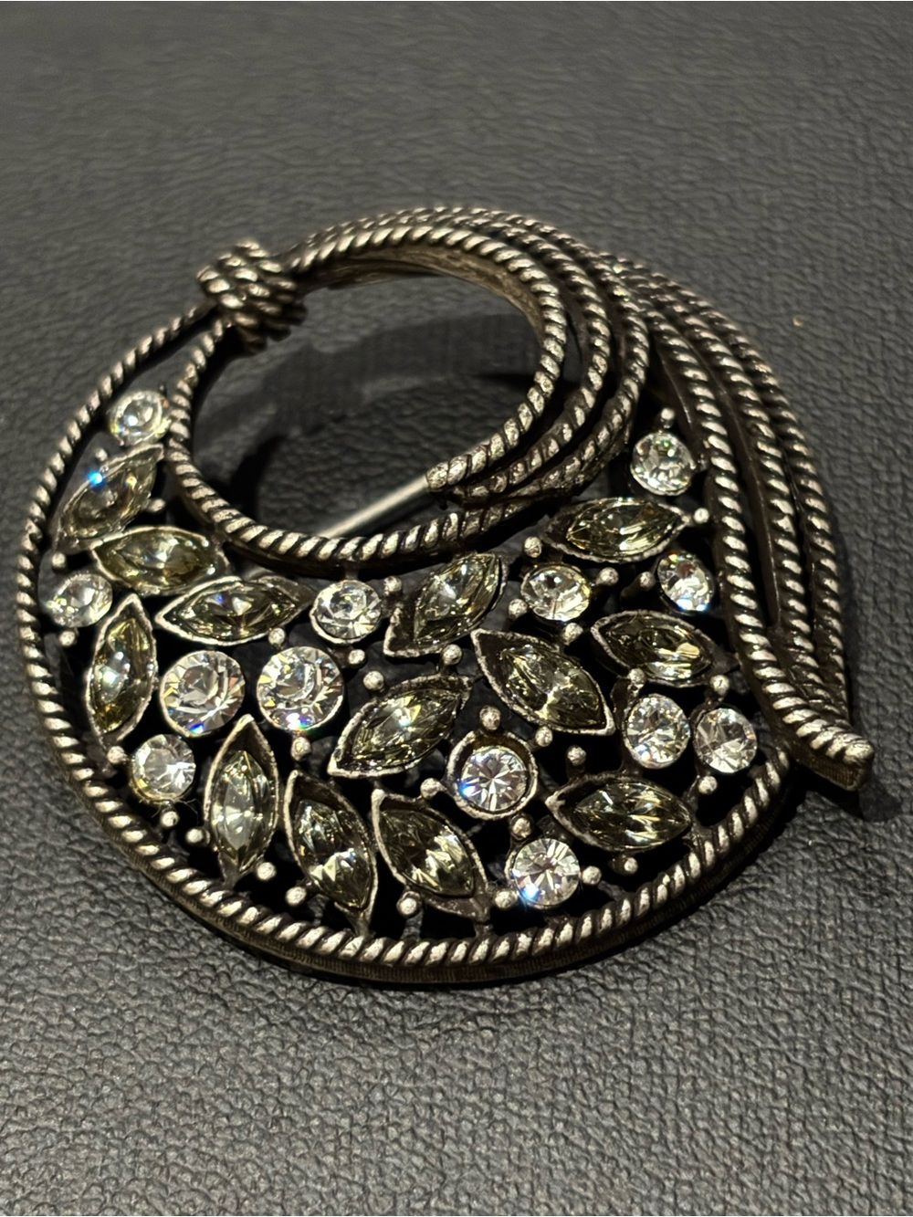Vintage Bonnie J Smoky & Clear Rhinestone Modernist Circle Brooch Pin SilverTone
